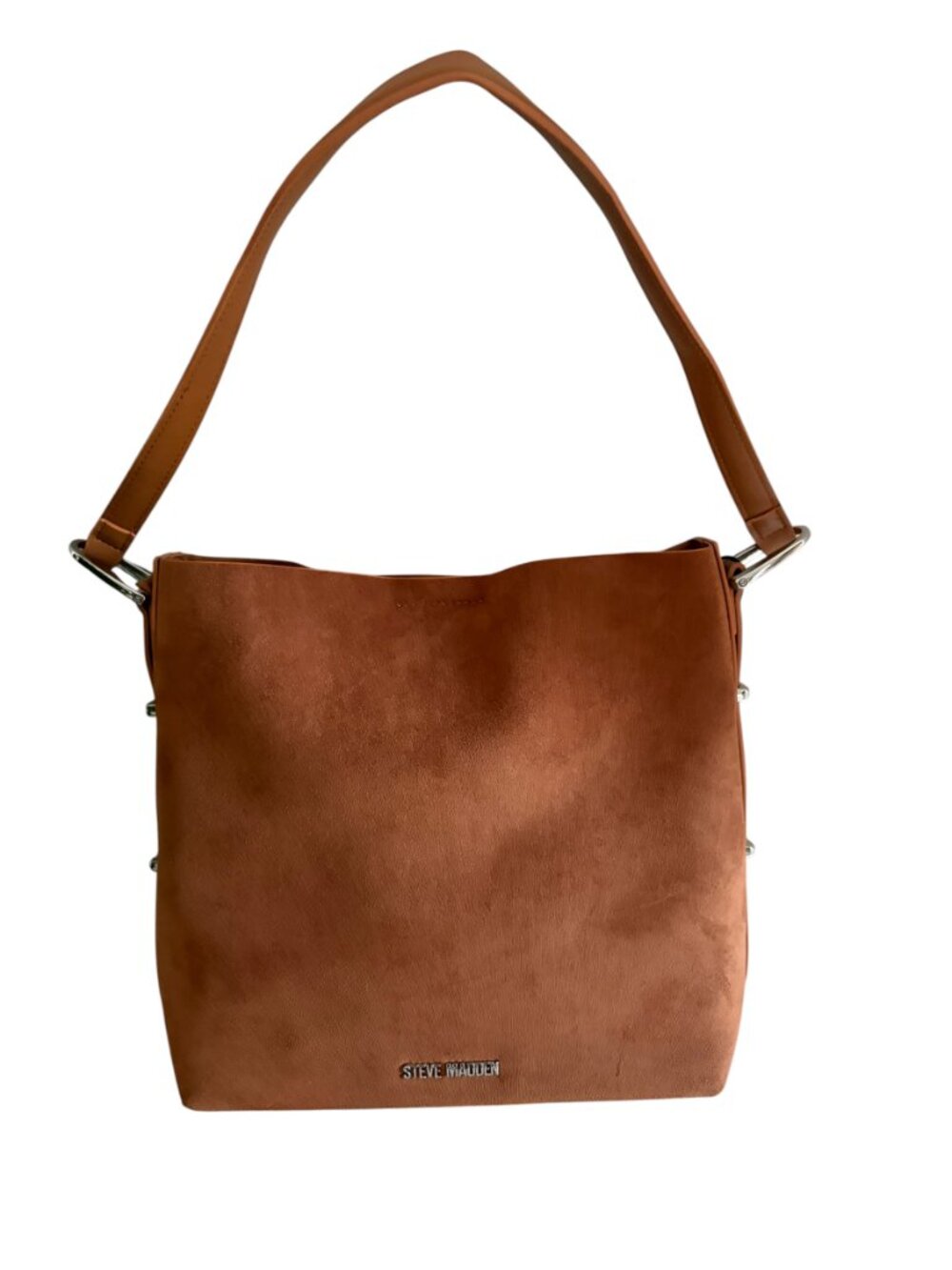 Steve Madden BRIZZO Soft Caramel Suede Bucket Bag with Silver-Toned Hardware